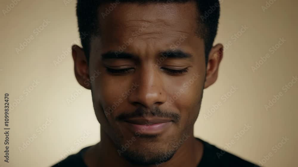 Poster close-up video of a young latino man transitioning from skepticism to trust, featuring soft, diffuse