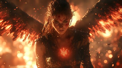 A valkyrie soaring over a battlefield, selecting a fallen warrior surrounded by glowing symbols of fate