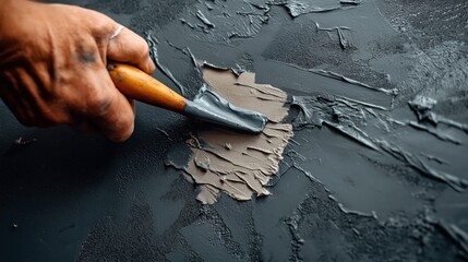Close-up of an artist's hand applying dark textured paint on a surface with a palette knife, showcasing texture and creative process.