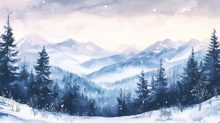 Obraz premium A painting of a snowy mountain landscape with pine trees