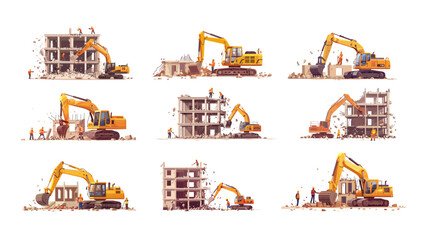 Cartoon demolition building scenes. Bulldozer excavator destroying concrete houses and walls, builders characters in uniform removing stone remains, heavy machinery at work isolated vector artworks