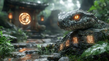 A Japanese serpent spirit coiling around an ancient stone shrine, with glowing runes on the rocks