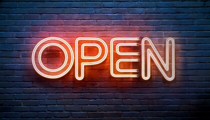 Obraz premium Running font with the text Open in Neon Style on a vintage brick wall illustration art design
