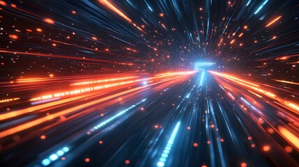 Obraz premium Futuristic neon 5G text floating in cyberspace&nbsp;with blue and orange light trails, depicting&nbsp;high-speed data streams and network connectivity in dark&nbsp;setting.