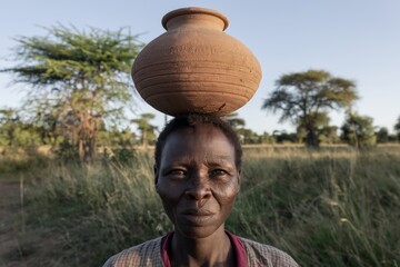 African woman with a clay pot on her head, African savannah in the background.