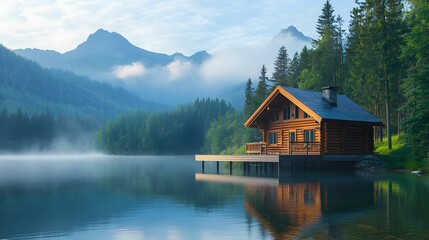 Fototapeta premium Panoramic view&nbsp;of luxurious wooden cabin with deck&nbsp;overlooking lake, surrounded by evergreen forest and misty&nbsp;mountains in serene morning atmosphere.