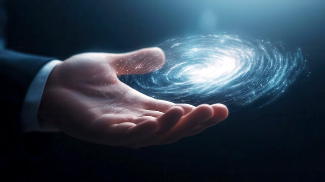 Digital storm with swirling numbers and falling coins, businessman holding up a protective holographic screen, finance security,