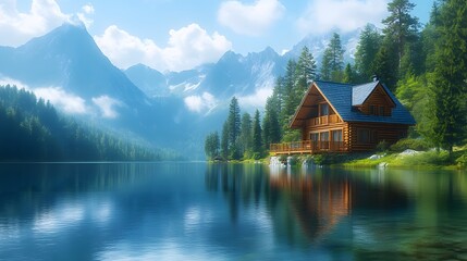 Obraz premium Panoramic view&nbsp;of luxurious wooden cabin with deck&nbsp;overlooking lake, surrounded by evergreen forest and misty&nbsp;mountains in serene morning atmosphere.