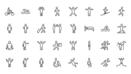 Set of people line icons. Person walking, running, jumping, dancing, swimming, sleeping. Vector illustrations. Editable strokes