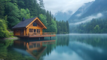 Obraz premium Panoramic view&nbsp;of luxurious wooden cabin with deck&nbsp;overlooking lake, surrounded by evergreen forest and misty&nbsp;mountains in serene morning atmosphere.