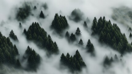 Aerial view of a dense evergreen forest partially obscured by thick mist or fog, creating a mysterious and serene atmosphere.