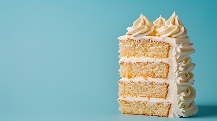 Vanilla cake topped with buttercream frosting on blue background