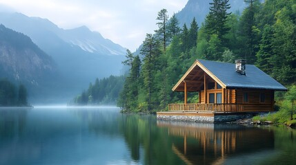 Obraz premium Panoramic view&nbsp;of luxurious wooden cabin with deck&nbsp;overlooking lake, surrounded by evergreen forest and misty&nbsp;mountains in serene morning atmosphere.