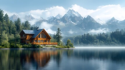 Obraz premium Panoramic view&nbsp;of luxurious wooden cabin with deck&nbsp;overlooking lake, surrounded by evergreen forest and misty&nbsp;mountains in serene morning atmosphere.