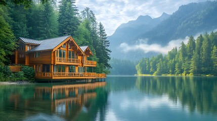 Panoramic view&nbsp;of luxurious wooden cabin with deck&nbsp;overlooking lake, surrounded by evergreen forest and misty&nbsp;mountains in serene morning atmosphere.