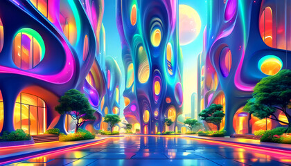 Vibrant urban landscape filled with colorful architecture and radiant lights at twilight