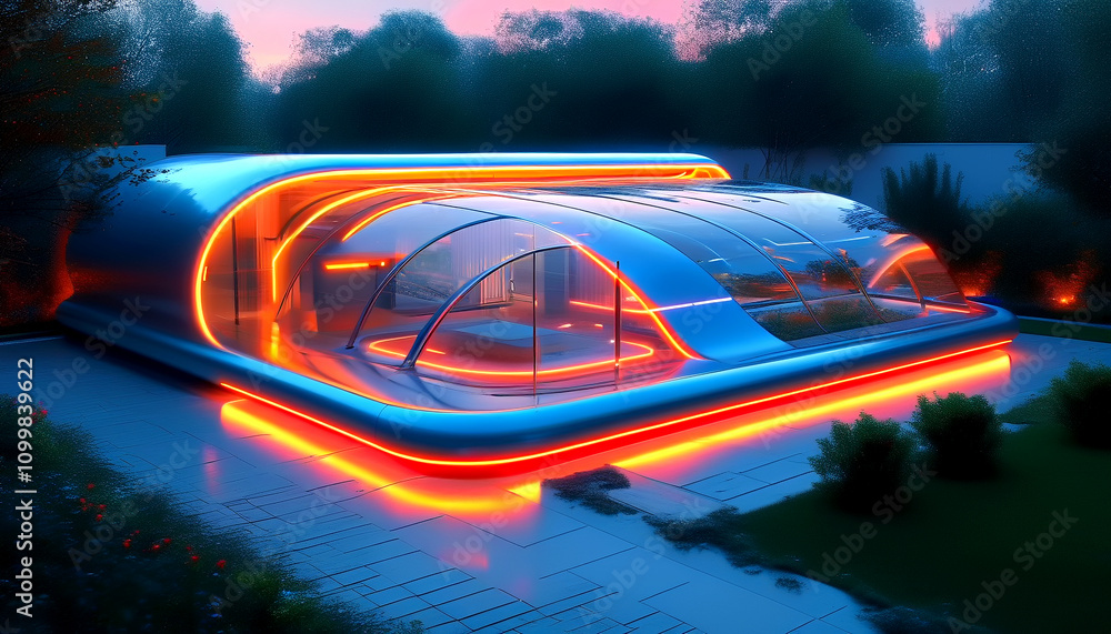 Poster futuristic architecture gleaming with vibrant neon lights at dusk
