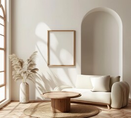 Minimalist living room with two chairs. a round ottoman. a large frame. and a large window with natural light