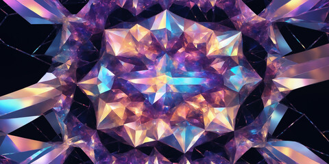 A captivating abstract design featuring intricate geometric patterns resembling a crystal with vibrant, iridescent colors. The kaleidoscopic effect creates a sense of wonder and brilliance background