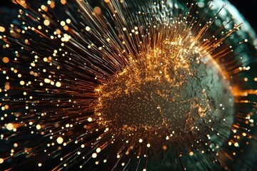 An abstract depiction of a glowing globe with dynamic rays of light, symbolizing global connectivity and technological advancement.