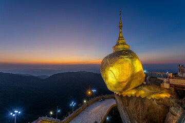 The sun set in twilight evening at   Kyaiktiyo pagoda, Golden rock, Myanmar.