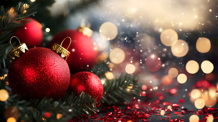 Fototapeta premium Christmas or New Year fir tree with decorative lights and toys , Christmas balls on a dark blur background , Christmas composition of Christmas tree toys on a blurred red background , Bright red