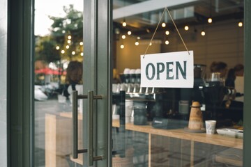 A sign with the word 'Open' on the door of a coffee shop.