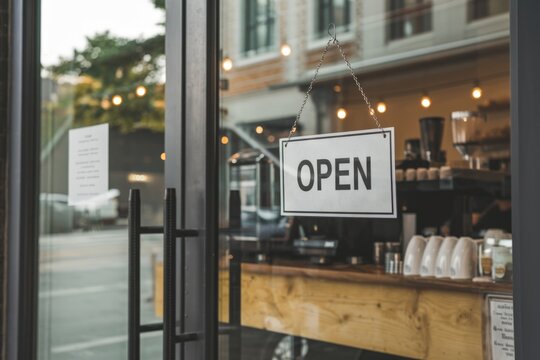 A sign with the word 'Open' on the door of a coffee shop.