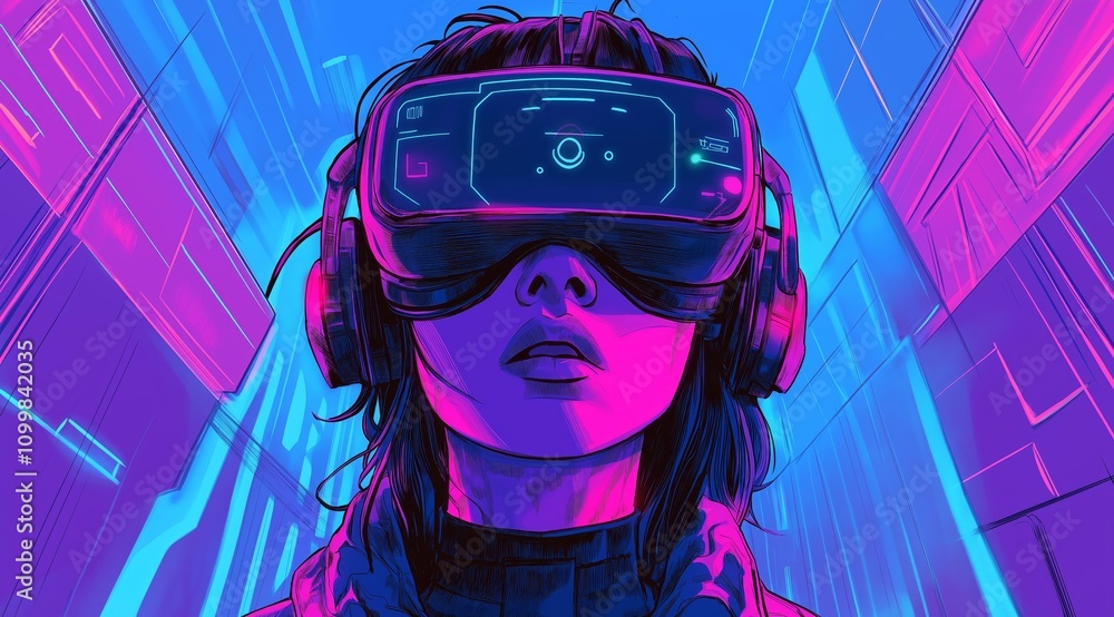 Poster girl in hi-tech vr glasses with elements of artificial intelligence. background in a high-tech style