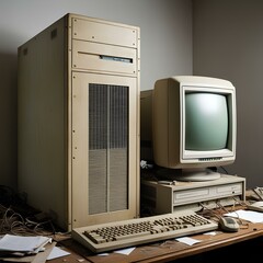 Big size old computer, dusty place, old technology, large size device, front view.