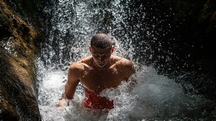Fototapeta premium A man emerges from a cascading waterfall. The moment captures the thrill of adventure and the beauty of nature. Water splashes all around him. Generative AI
