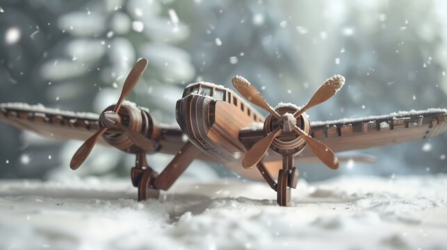 Wooden airplane with rotating propellers on snow background
