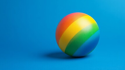 Vibrant Rainbow Colored Rubber Bouncing Ball on Blue Background with Side Light, Angled View