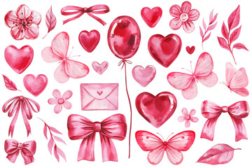 Obraz premium Set pink watercolor elements isolated. Valentine's day holiday, butterfly, envelope, balloon bow and heart. Love clipart