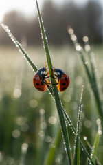 Fototapeta premium Nature macro with ladybugs in sunlight. Nature photography with peaceful morning scene with ladybugs and dew in natural lighting in a day time setting.