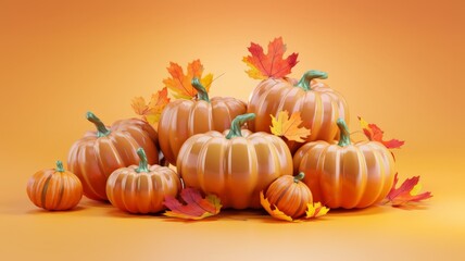 Several pumpkins on an orange background.