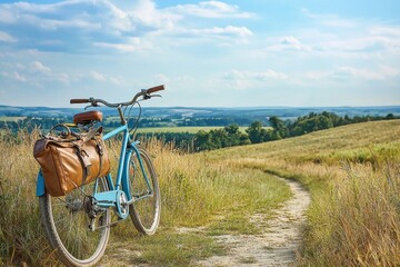 Naklejka premium Vintage bicycle parked on a scenic path, surrounded by open fields and blue skies, perfect for outdoor adventure and travel.