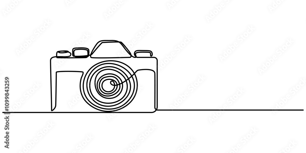 Poster Digital camera continuous one line drawing. Isolated on white background vector illustration, Retro camera one line continuous. Line art camera. Hand drawn vector art, Digital camera single continuous