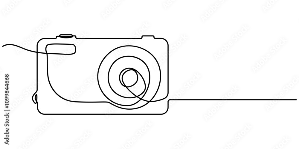 Poster Digital camera continuous one line drawing. Isolated on white background vector illustration, Retro camera one line continuous. Line art camera. Hand drawn vector art, Digital camera single continuous