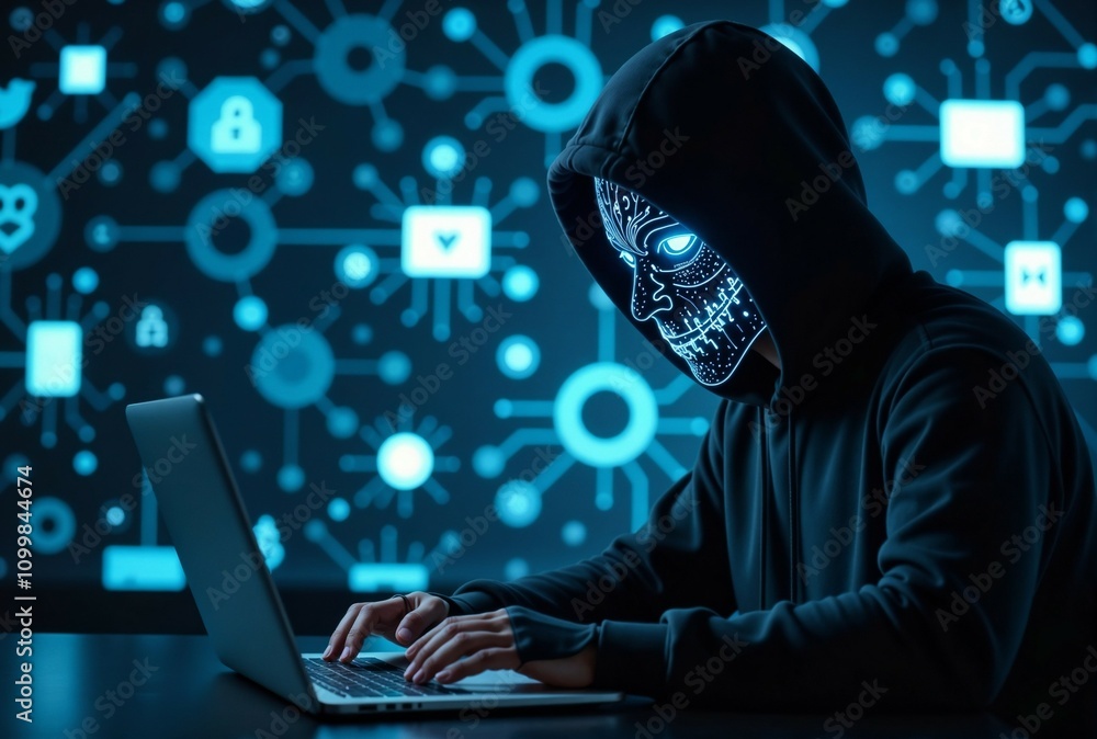 Poster a man who is wearing a skull mask is currently using a laptop computer