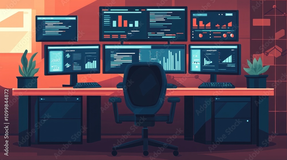 Poster modern tech workspace with multiple monitors