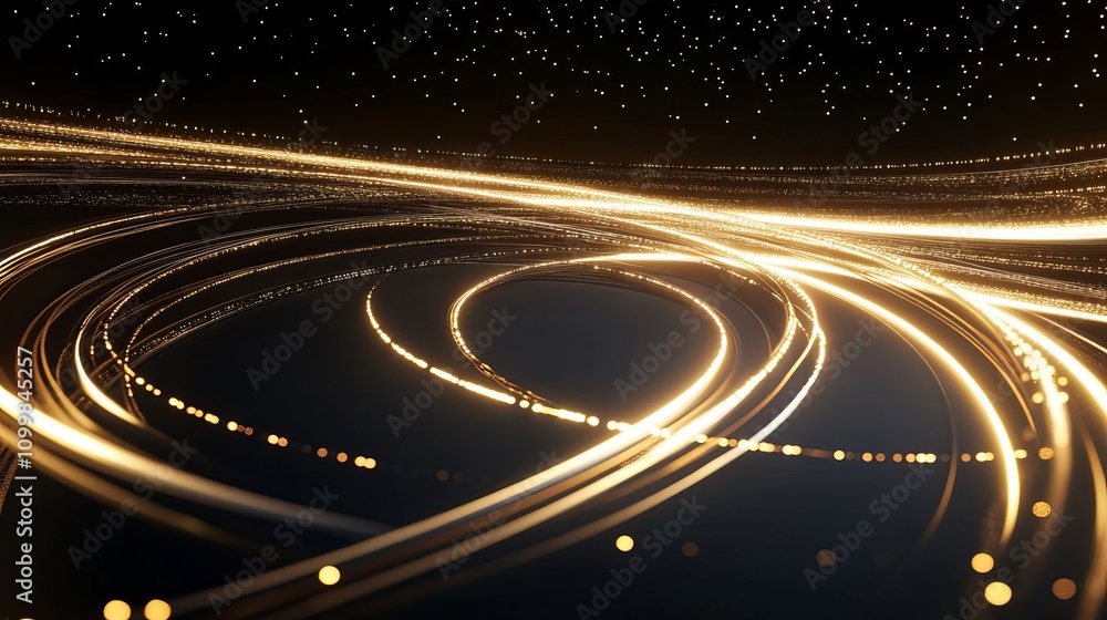 Poster a scene with a dark background featuring a light track with golden lines on the left and an illumina
