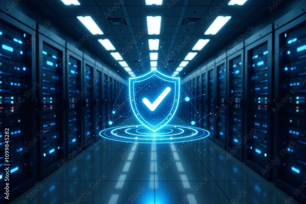 Poster a wellorganized server room featuring a shield that has a check mark on it