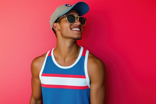 A man wearing a blue and white striped tank top and a hat is smiling