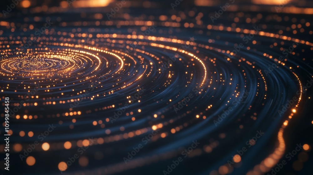 Poster a scene with a dark background featuring a light track with golden lines on the left and an illumina