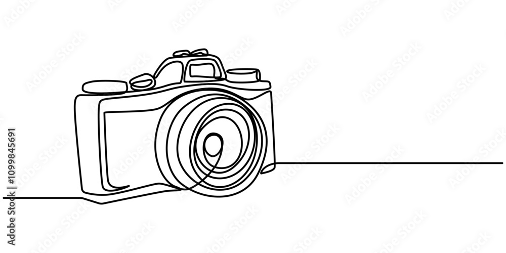 Poster Digital camera continuous one line drawing. Isolated on white background vector illustration, Retro camera one line continuous. Line art camera. Hand drawn vector art, Digital camera single continuous
