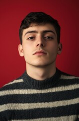 Obraz premium A young man is wearing a striped sweater and looking at the camera