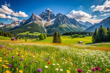 Panoramic View of Idyllic Alpine Mountain Scenery with Fresh Green Meadows in Bloom on a Beautiful Sunny Spring Day in the Alps for Stunning Food Photography Backgrounds