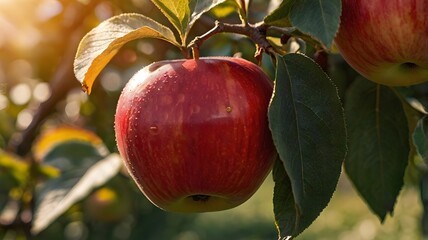 Ripe red apple close-up with sun rays and apple orchard in the background.