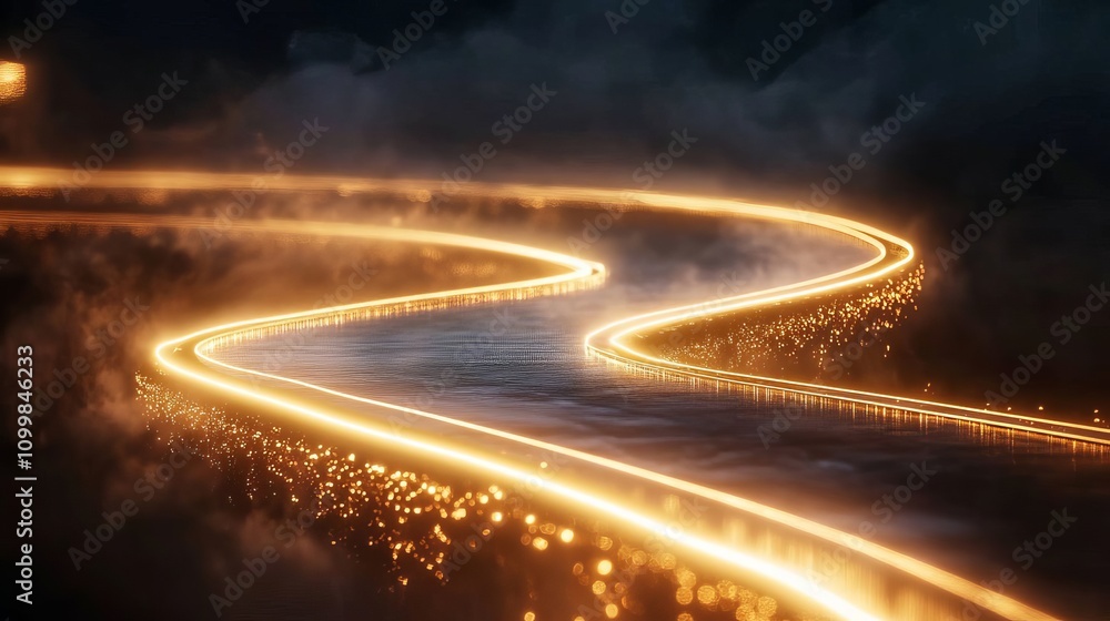 Poster a scene with a dark background featuring a light track with golden lines on the left and an illumina